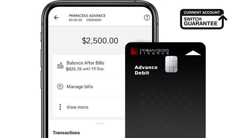 PRIMACESS Advance Account Debit Card image and Current Account Switch Guarantee logo