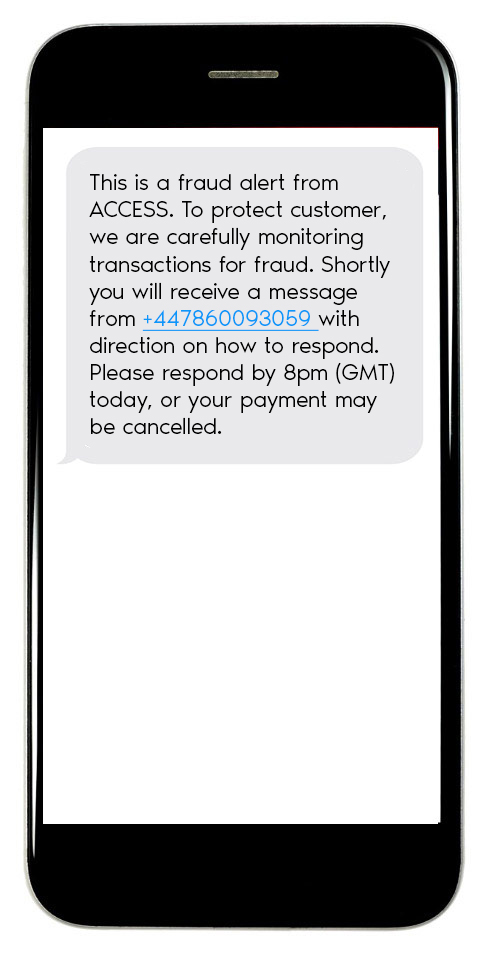 This is a fraud alert from PRIMACESS. To protect our customers we are carefully monitoring transactions for fraud. Shortly you will receive a message from 86101 with directions on how to respond. Please respond by 8pm (GMT) today or your payment will be reversed.